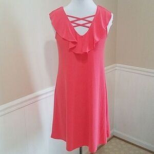 Coral Cutout Ruffle V Neck Dress | S